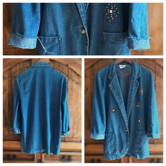 Vintage Studded Denim Blazer Jewel Embellished Western Boho Medium - Picture 12 of 12